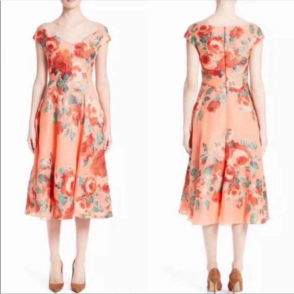 Lela Rose Coral Floral Off-Shoulder Midi Dress - Picture 9 of 11